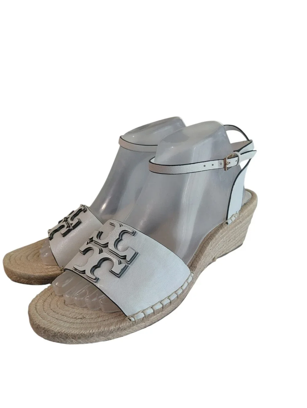 Tory Burch Ines White Leather Logo Espadrille Wedge Sandals Size 9.5